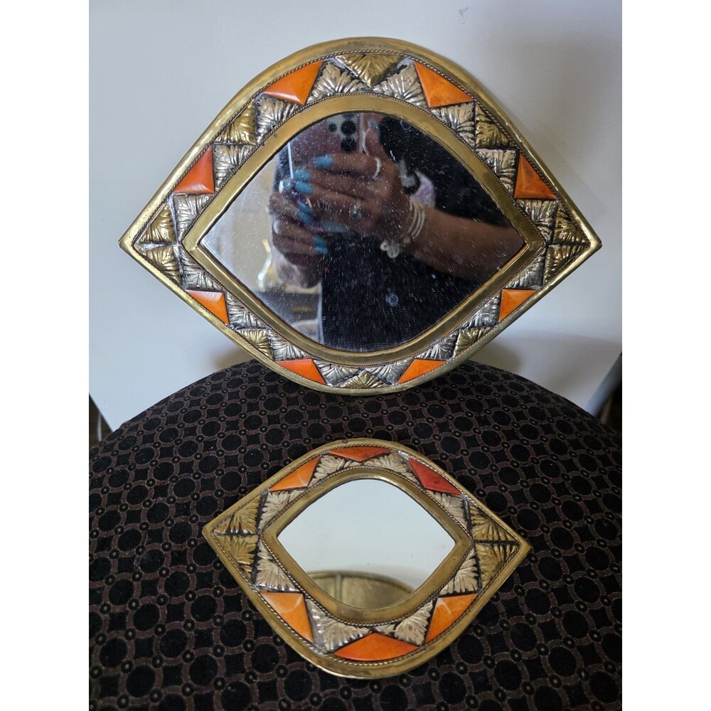 VINTAGE (2) Moroccan EYE Mirror ORANGE Enamel&MixMetal HandmadeSet 11x18 5x7 EUC